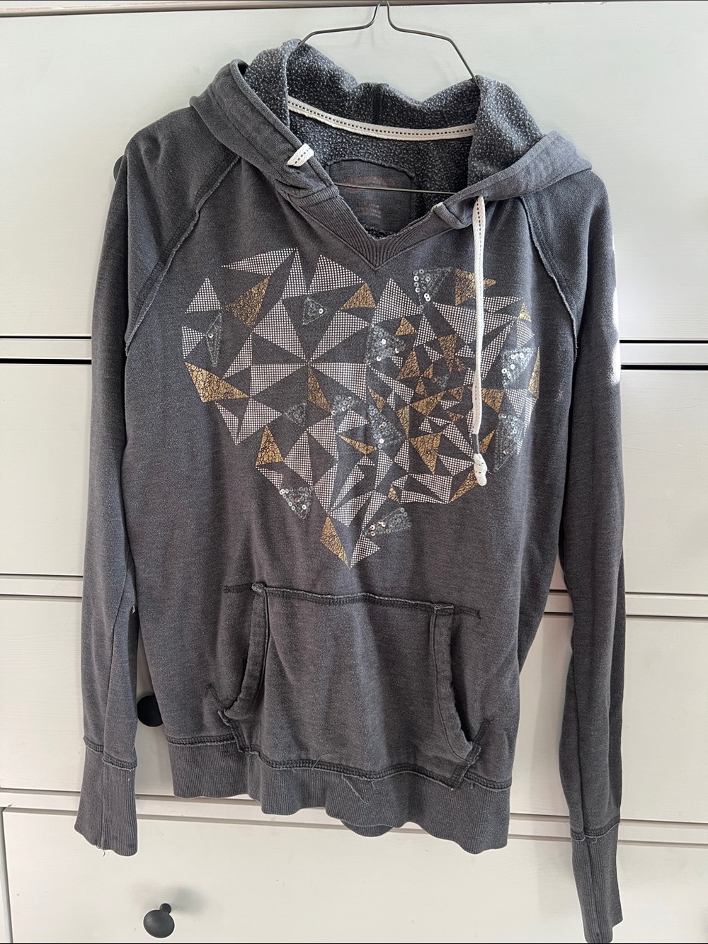 Gray Hooded Men's Sweater with Geometric Heart